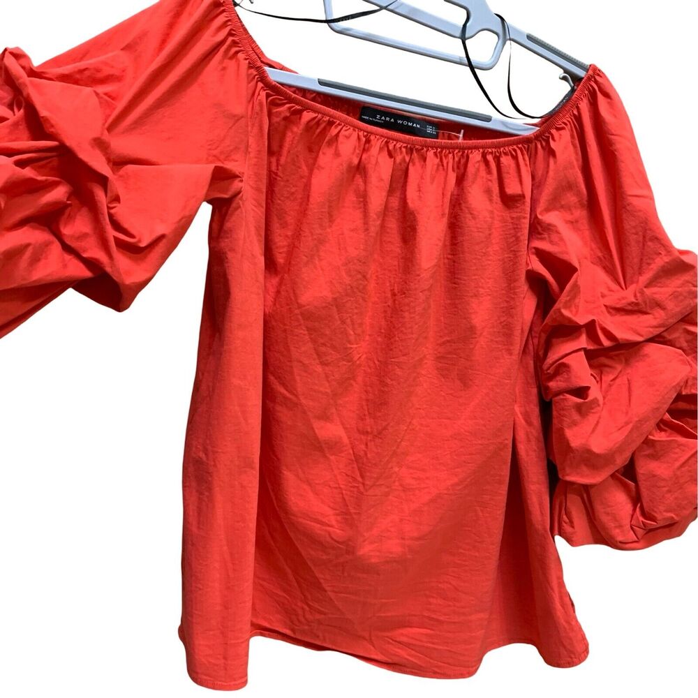 ZARA WOMAN Fire Engine Red Layered Puffy Sleeves Off Shoulder Top SZ Small